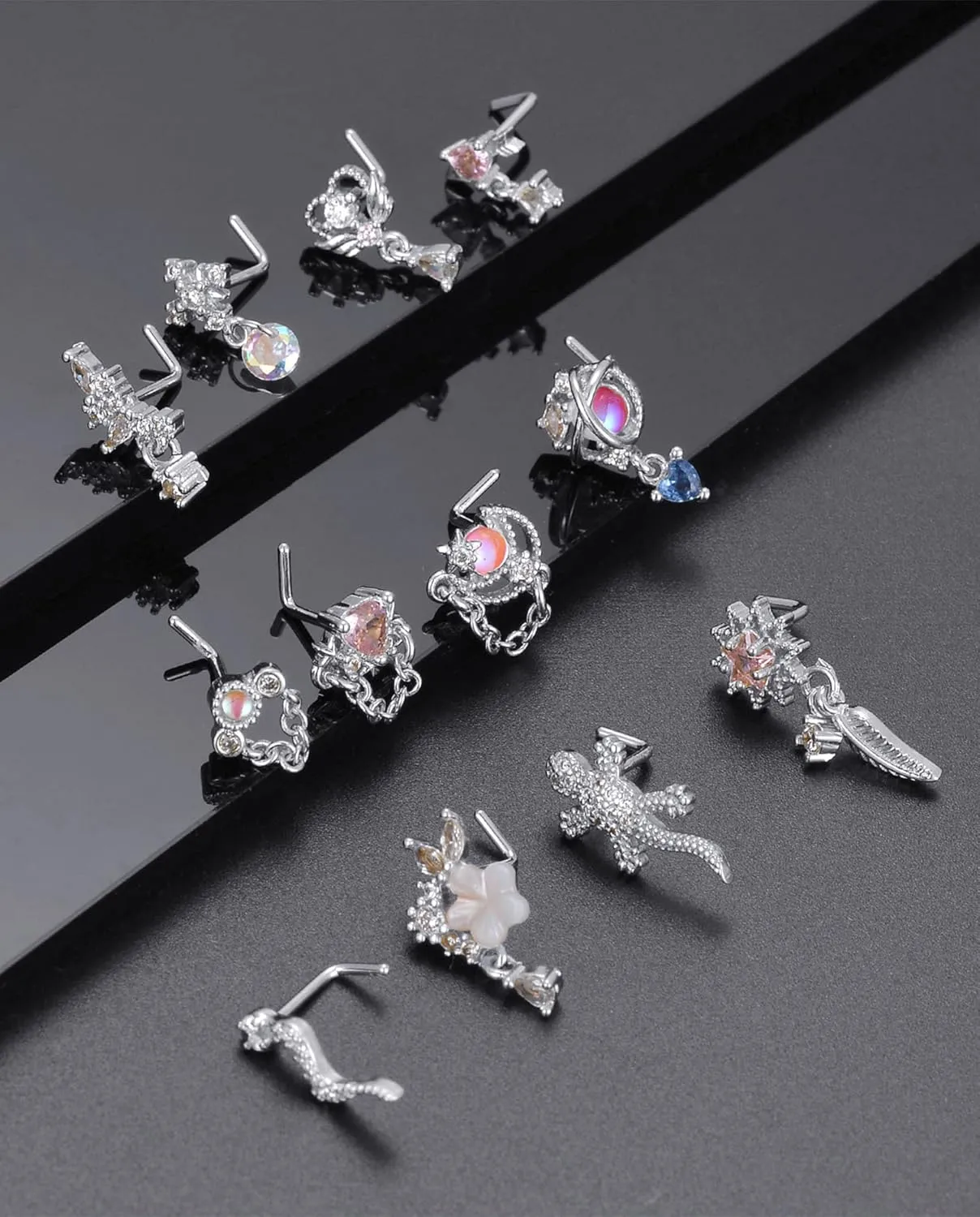 Tornito 12Pcs Nose Ring Nose Stud L Shaped Snake Butterfly CZ Flower Moon Dangle Nose Rings Stud for Women Men Silver Gold Tone 20G