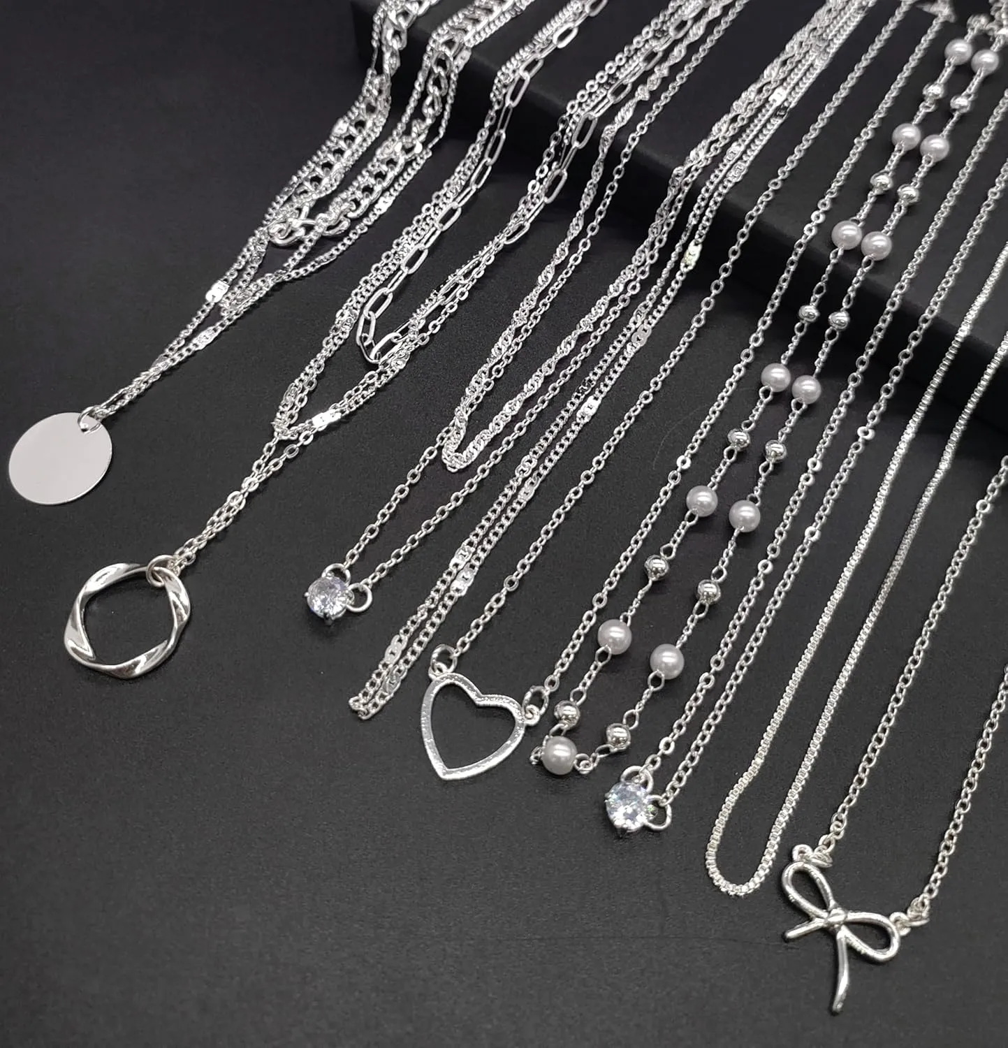 Tornito 9Pcs Necklace for Women 18K Gold Plated Small CZ Bowknot Pearl Heart Satellite Bead Circle Box Twist Paperclip Figaro Pendant Choker Necklaces Layered Stackable Chain Jewelry Silver Gold Tone