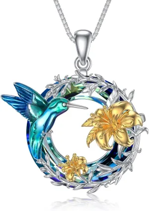 TOUPOP Hummingbird Necklace Sterling Silver Gold Plated Flower with Blue Crystal Pendant Necklaces Brithday Mother's Day Jewelry Gifts for Women Girls Her Mom