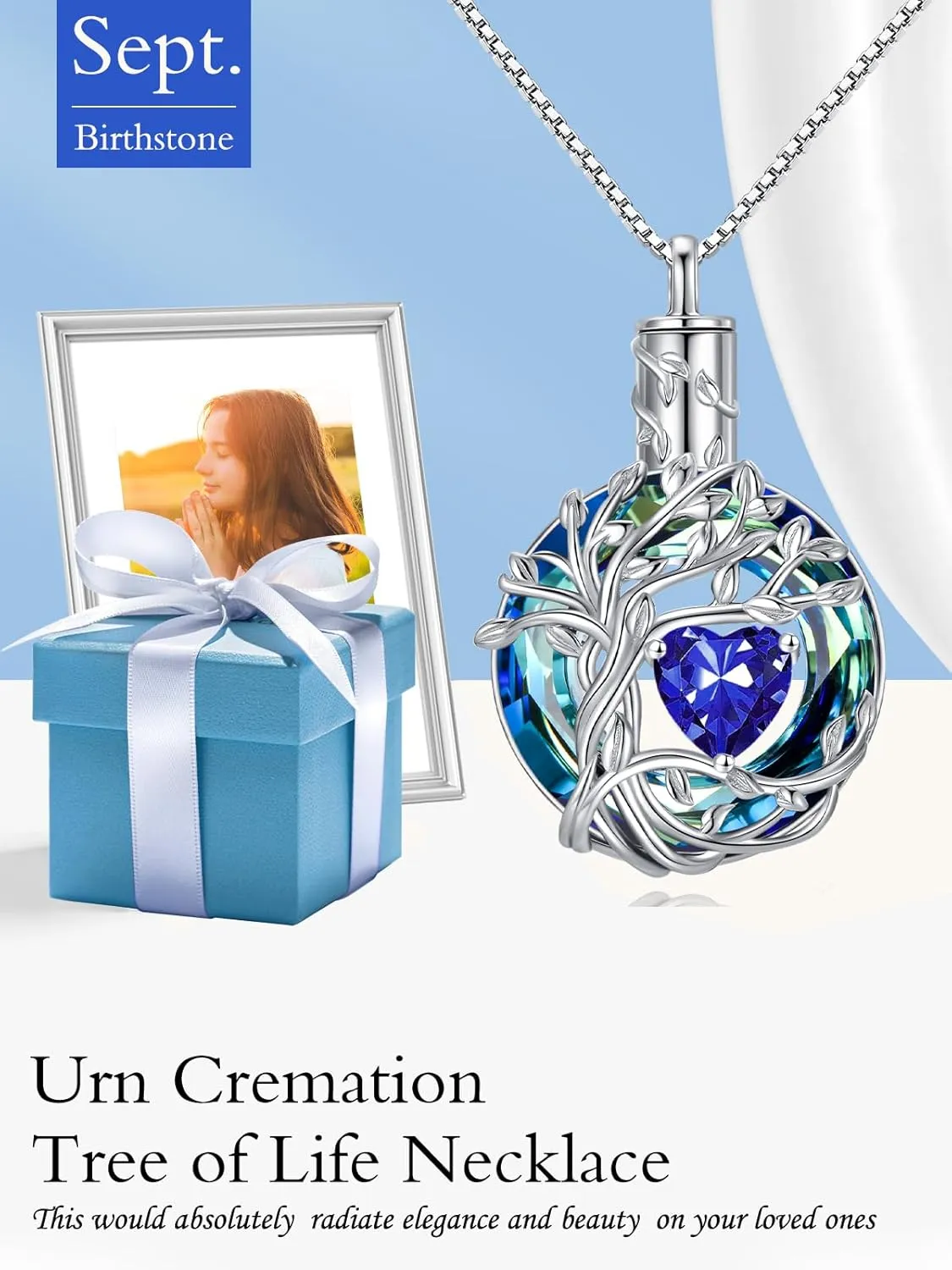 TOUPOP Tree of Life Urn Necklaces for Ashes Birthstone Cremation Jewelry 925 Sterling Silver Crystal Memorial Keepsake Funeral Jewelry for Women (with Funnel Filler)