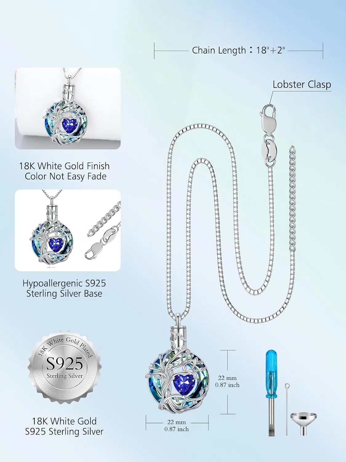 TOUPOP Tree of Life Urn Necklaces for Ashes Birthstone Cremation Jewelry 925 Sterling Silver Crystal Memorial Keepsake Funeral Jewelry for Women (with Funnel Filler)