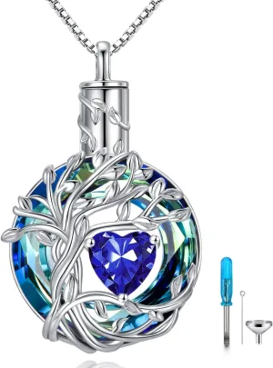 TOUPOP Tree of Life Urn Necklaces for Ashes Birthstone Cremation Jewelry 925 Sterling Silver Crystal Memorial Keepsake Funeral Jewelry for Women (with Funnel Filler)