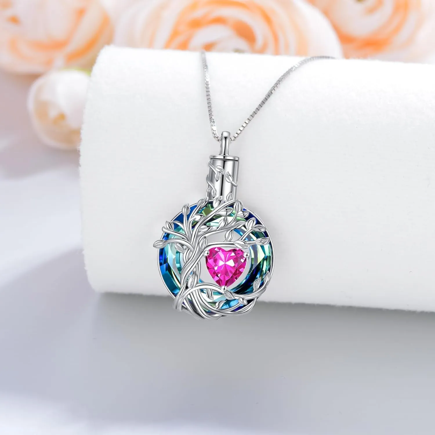 TOUPOP Tree of Life Urn Necklaces for Ashes Birthstone Cremation Jewelry 925 Sterling Silver Crystal Memorial Keepsake Funeral Jewelry for Women (with Funnel Filler)