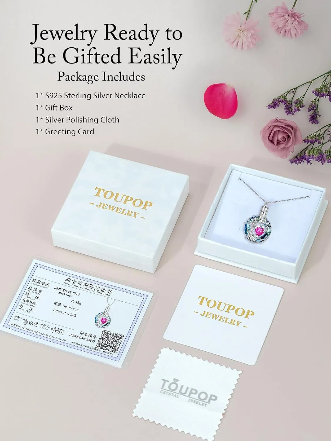 TOUPOP Tree of Life Urn Necklaces for Ashes Birthstone Cremation Jewelry 925 Sterling Silver Crystal Memorial Keepsake Funeral Jewelry for Women (with Funnel Filler)