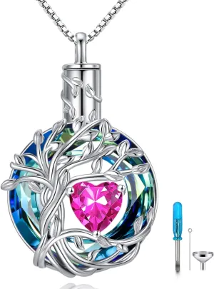 TOUPOP Tree of Life Urn Necklaces for Ashes Birthstone Cremation Jewelry 925 Sterling Silver Crystal Memorial Keepsake Funeral Jewelry for Women (with Funnel Filler)
