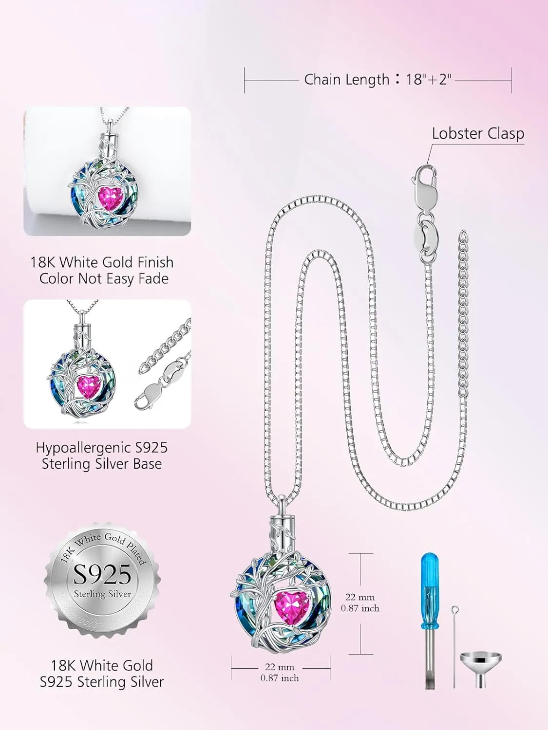 TOUPOP Tree of Life Urn Necklaces for Ashes Birthstone Cremation Jewelry 925 Sterling Silver Crystal Memorial Keepsake Funeral Jewelry for Women (with Funnel Filler)