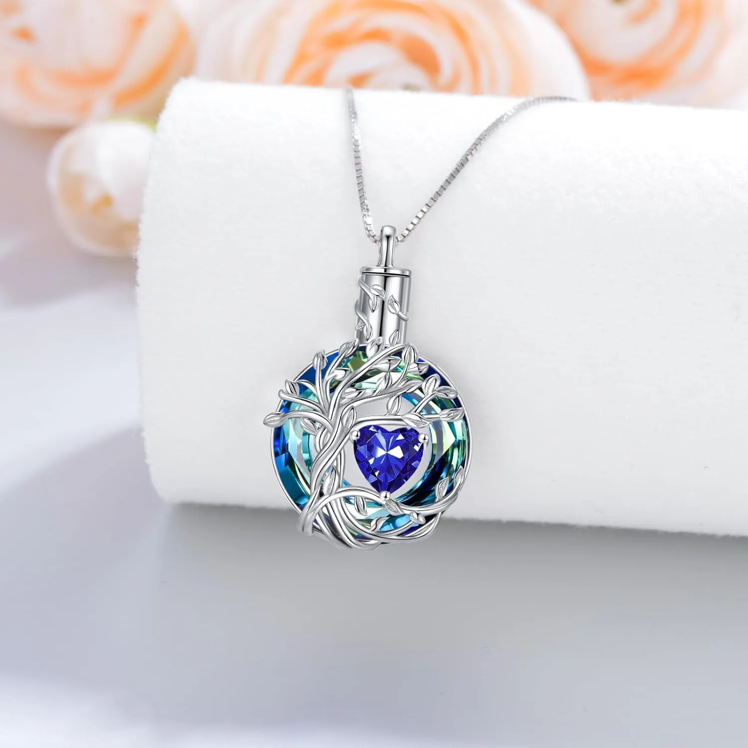 TOUPOP Tree of Life Urn Necklaces for Ashes Birthstone Cremation Jewelry 925 Sterling Silver Crystal Memorial Keepsake Funeral Jewelry for Women (with Funnel Filler)