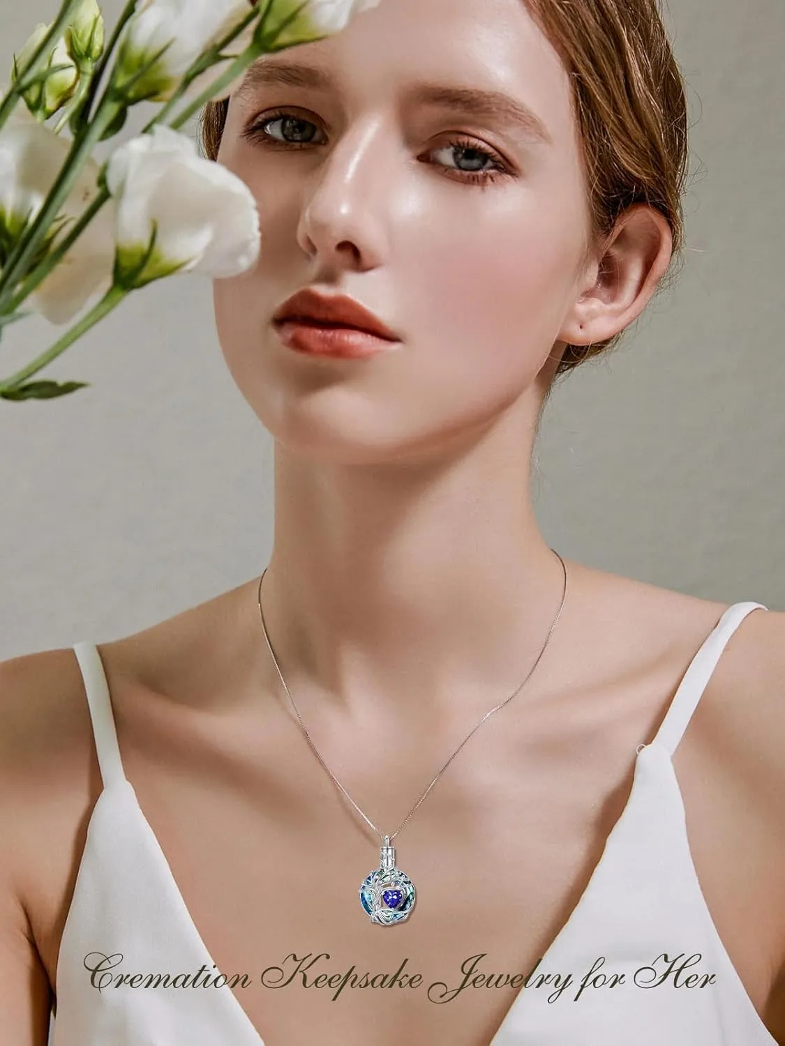 TOUPOP Tree of Life Urn Necklaces for Ashes Birthstone Cremation Jewelry 925 Sterling Silver Crystal Memorial Keepsake Funeral Jewelry for Women (with Funnel Filler)