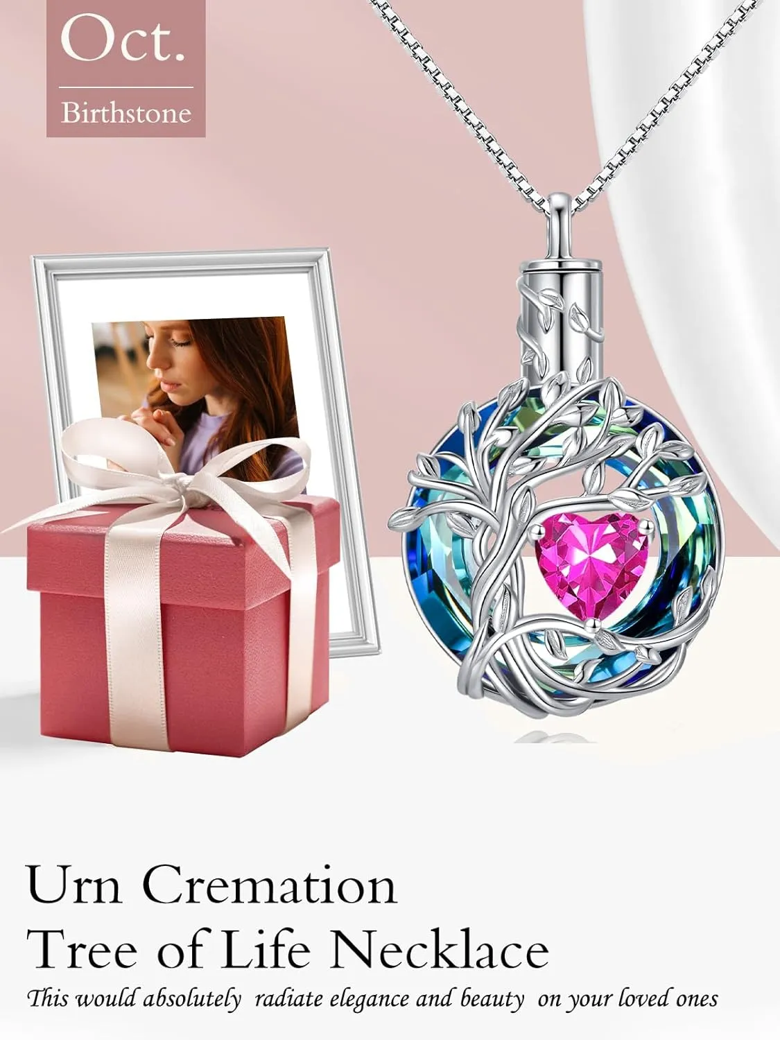 TOUPOP Tree of Life Urn Necklaces for Ashes Birthstone Cremation Jewelry 925 Sterling Silver Crystal Memorial Keepsake Funeral Jewelry for Women (with Funnel Filler)