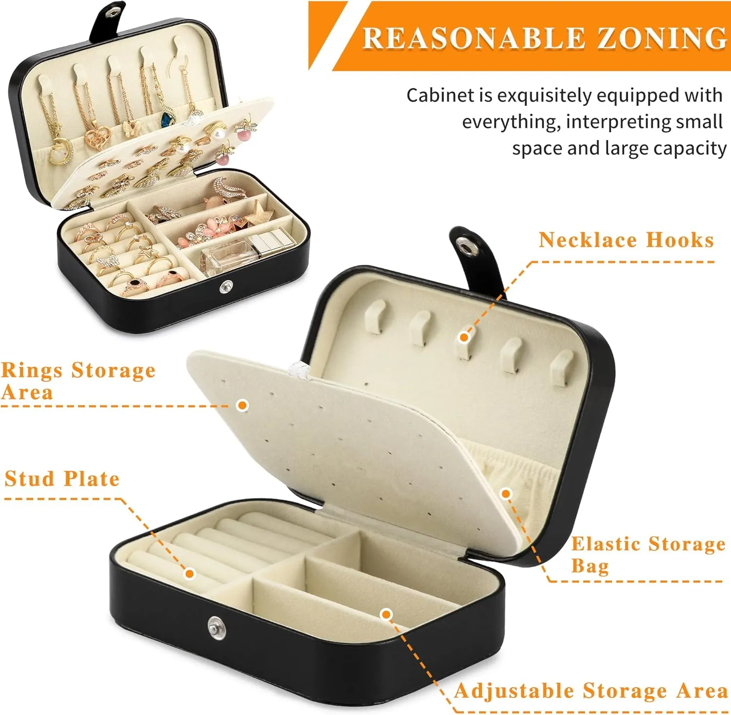 Travel Jewelry Box, PU leather Small Jewelry Organizer For Female Girls, double layer portable mini travel case for storing earrings, rings, necklaces.(Black)
