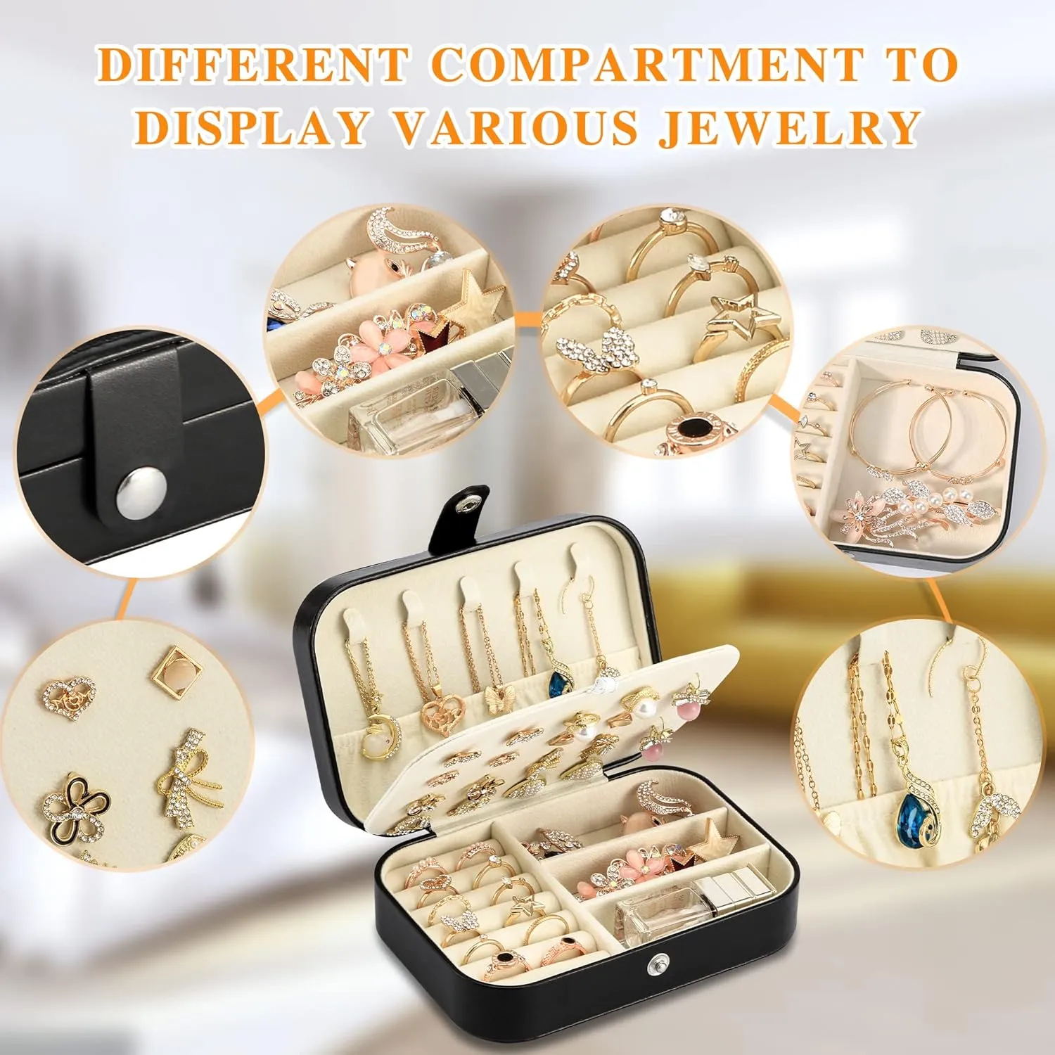 Travel Jewelry Box, PU leather Small Jewelry Organizer For Female Girls, double layer portable mini travel case for storing earrings, rings, necklaces.(Black)