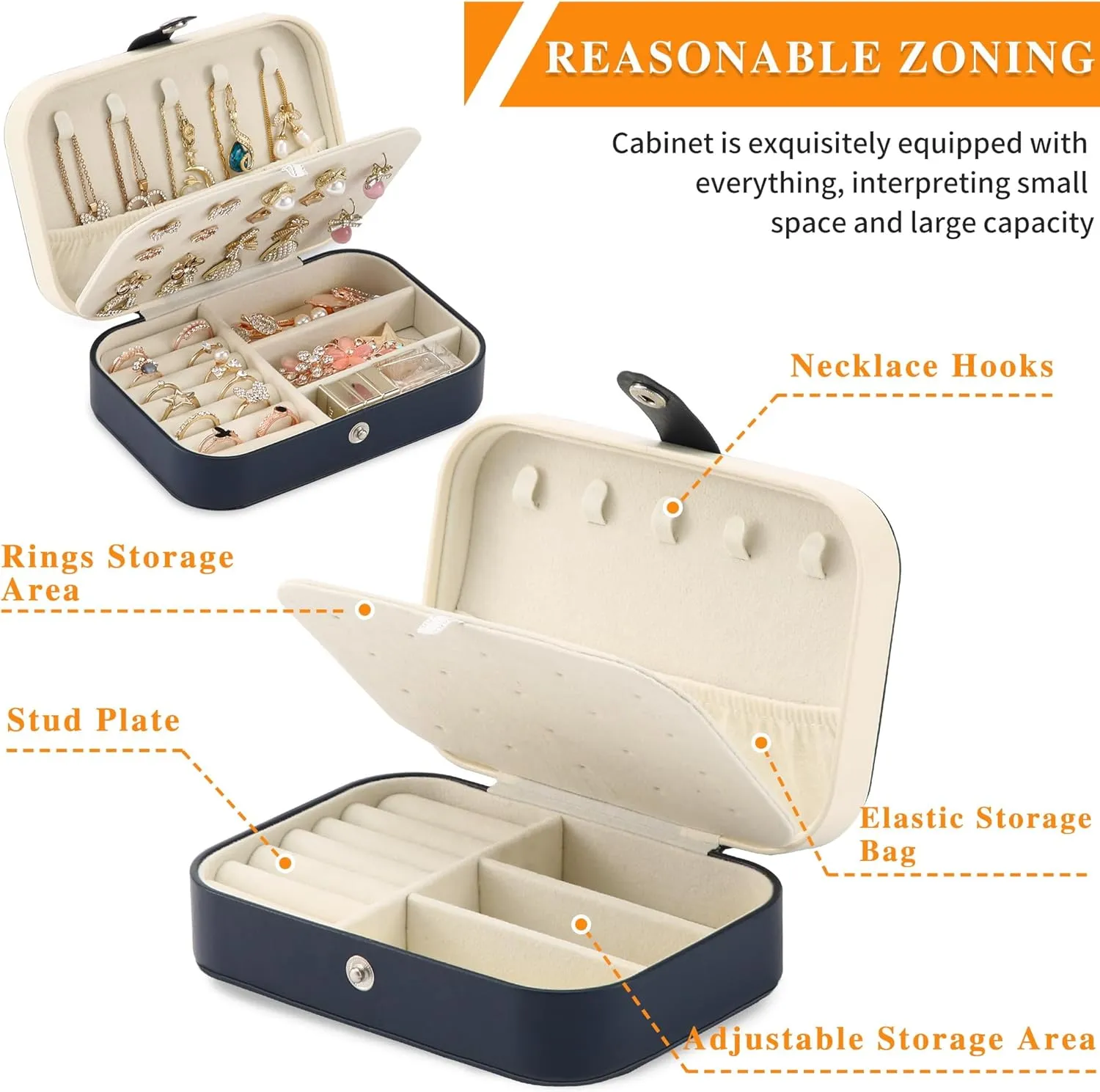 Travel Jewelry Box, PU leather Small Jewelry Organizer For Female Girls, double layer portable mini travel case for storing earrings, rings, necklaces.(dark blue)