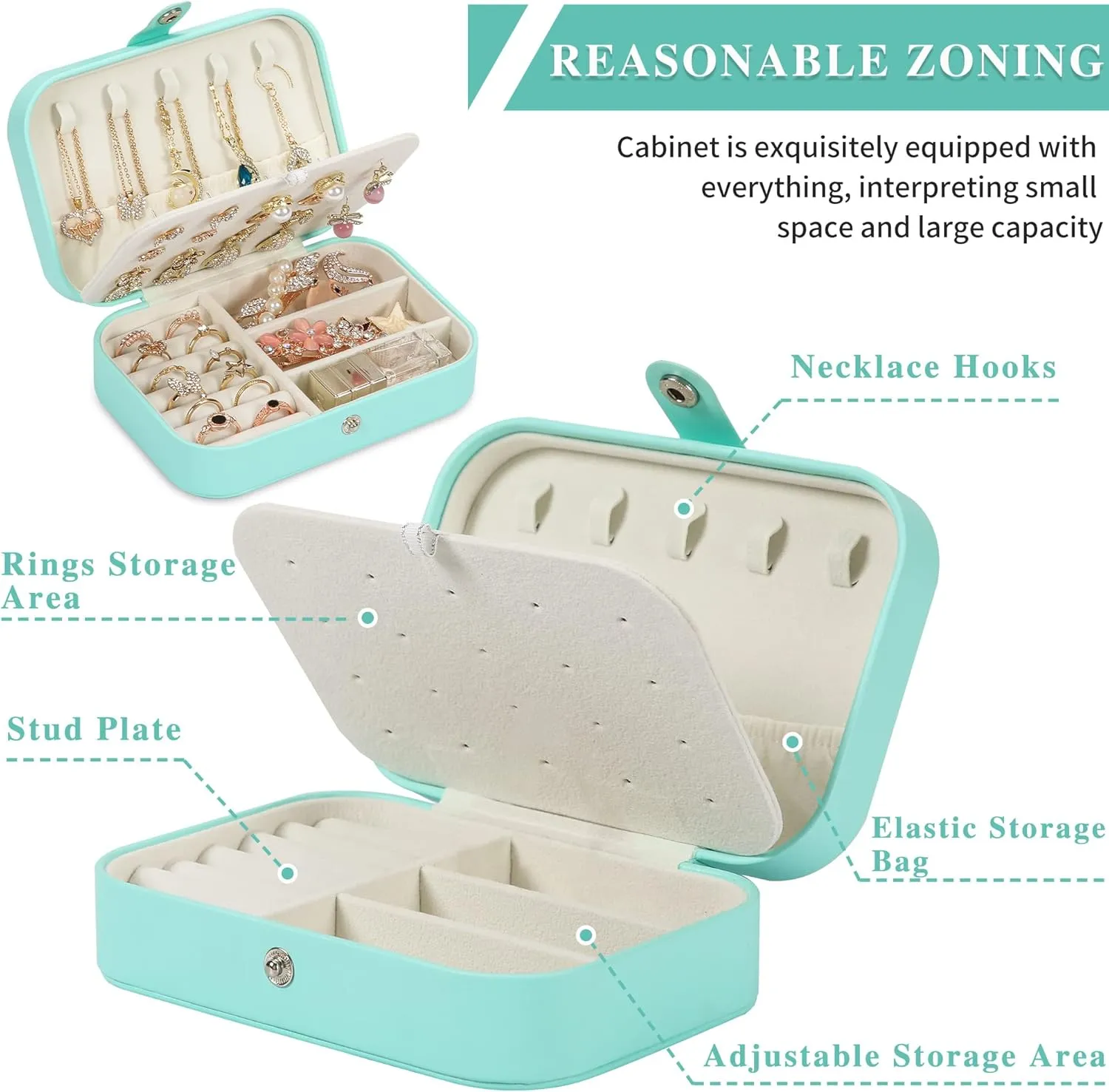 Travel Jewelry Box, PU leather Small Jewelry Organizer For Female Girls, double layer portable mini travel case for storing earrings, rings, necklaces.(Green)