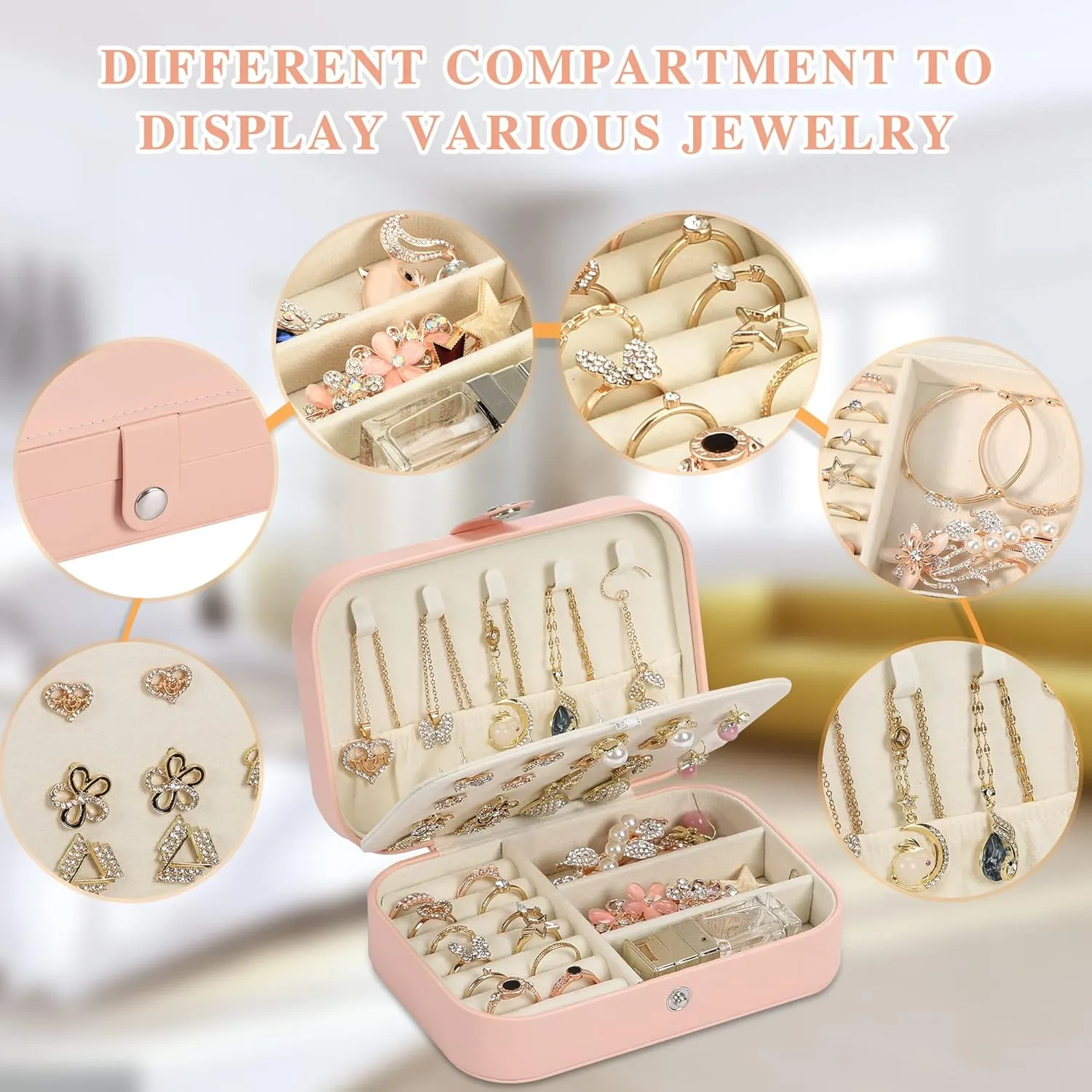 Travel Jewelry Box, PU leather Small Jewelry Organizer For Female Girls, double layer portable mini travel case for storing earrings, rings, necklaces.(Pink)