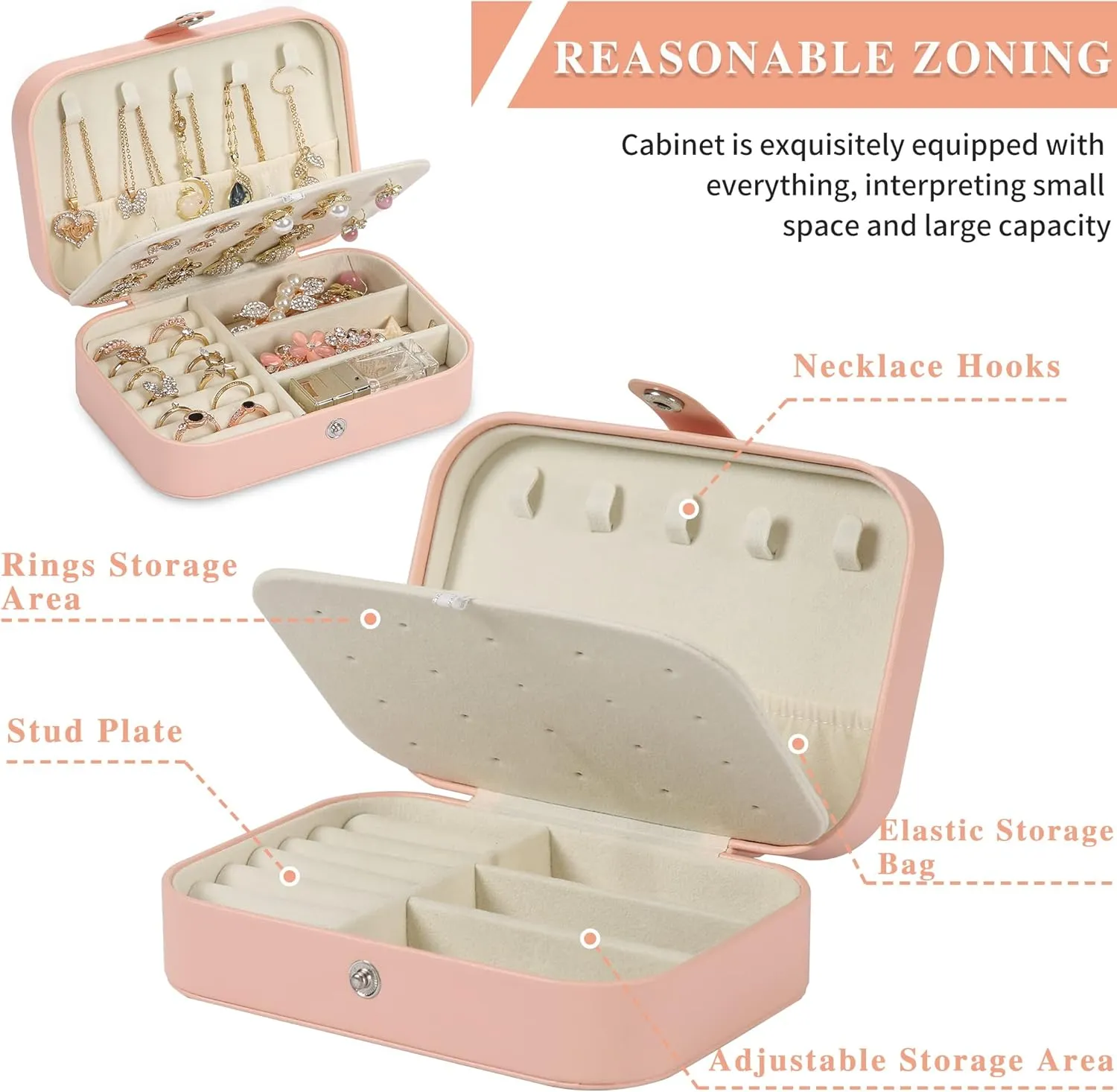 Travel Jewelry Box, PU leather Small Jewelry Organizer For Female Girls, double layer portable mini travel case for storing earrings, rings, necklaces.(Pink)