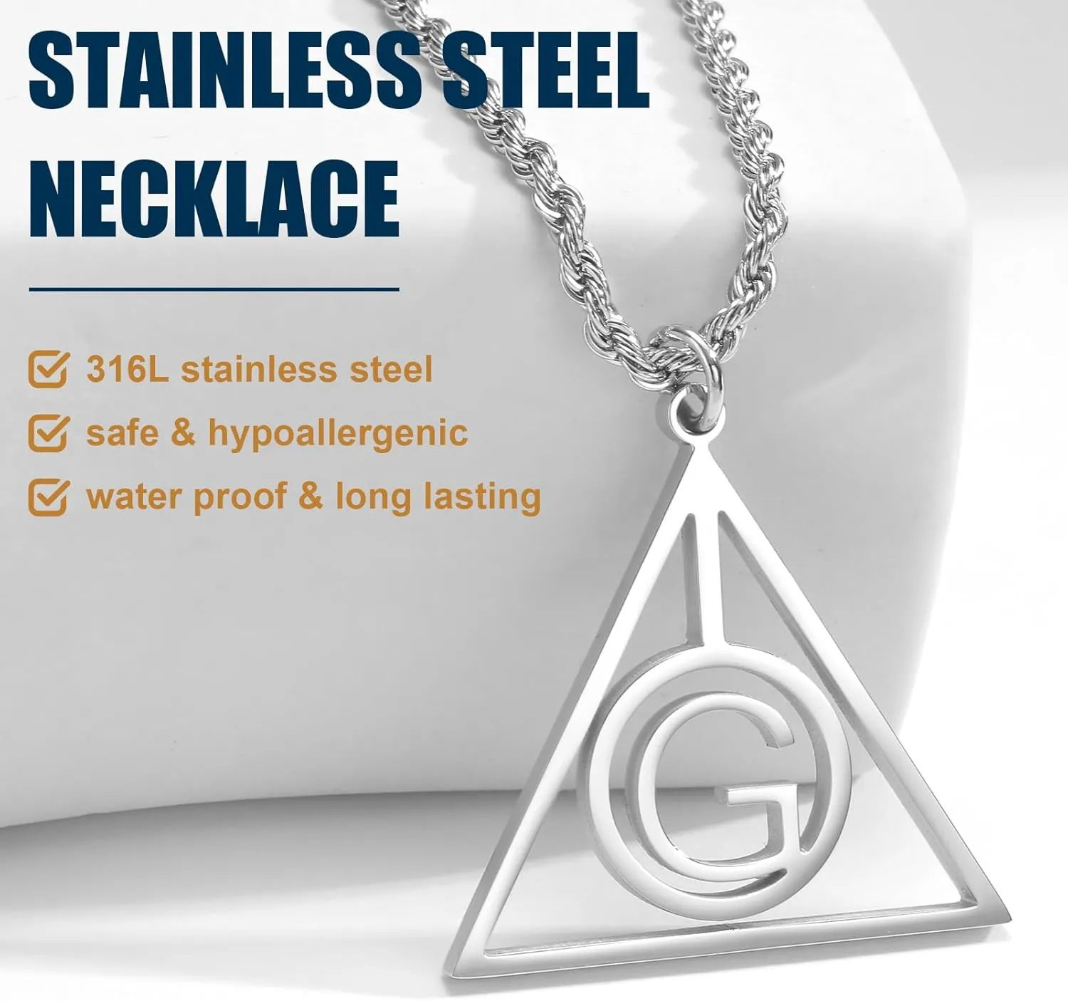 Triangle Initial Necklace for Men Women, Stainless Steel Triangle A-Z Letter Pendant Minimalist Silver Mens Geometric Twist Chain Jewelry Gifts for Him Boyfriend Husband, 22 2 IN