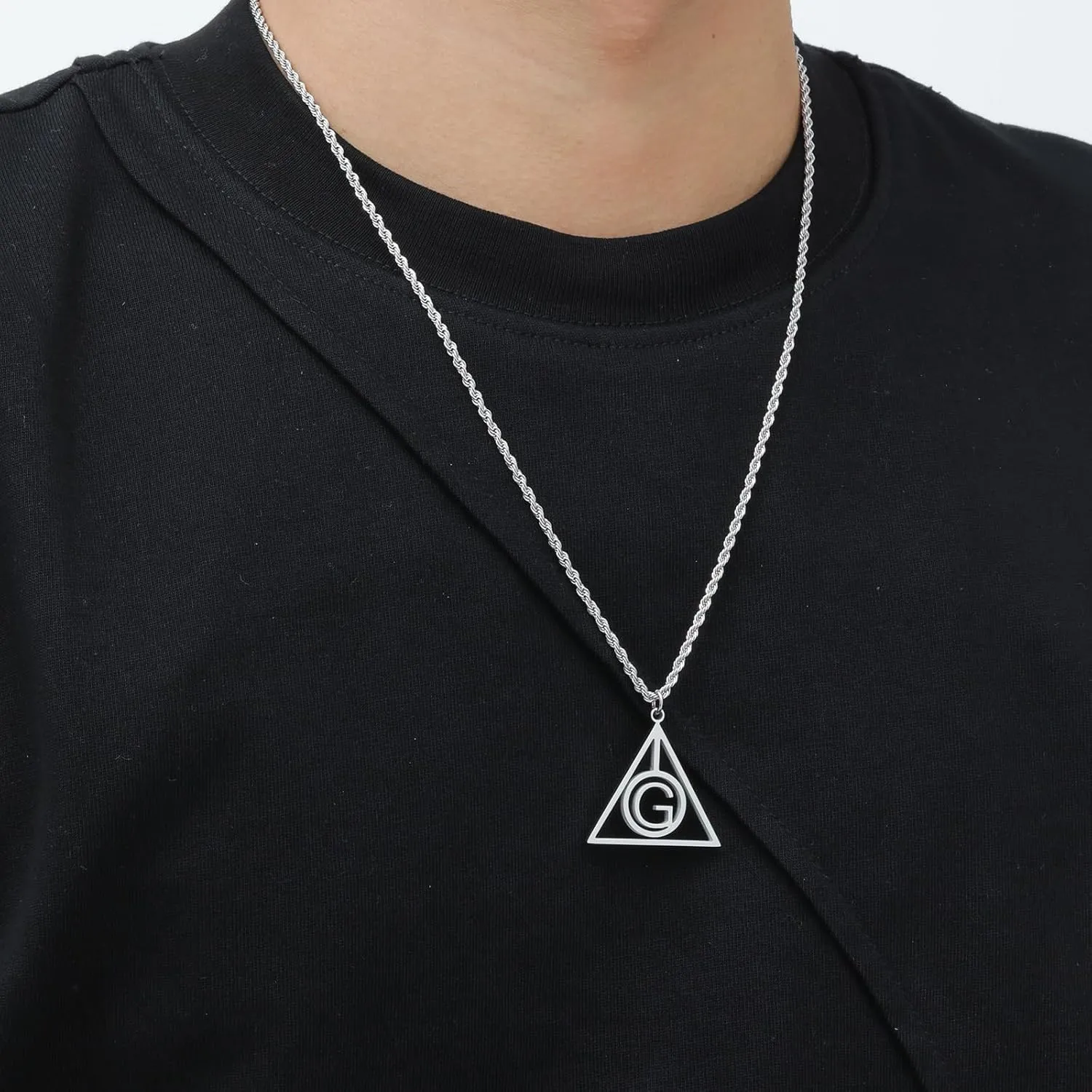 Triangle Initial Necklace for Men Women, Stainless Steel Triangle A-Z Letter Pendant Minimalist Silver Mens Geometric Twist Chain Jewelry Gifts for Him Boyfriend Husband, 22 2 IN