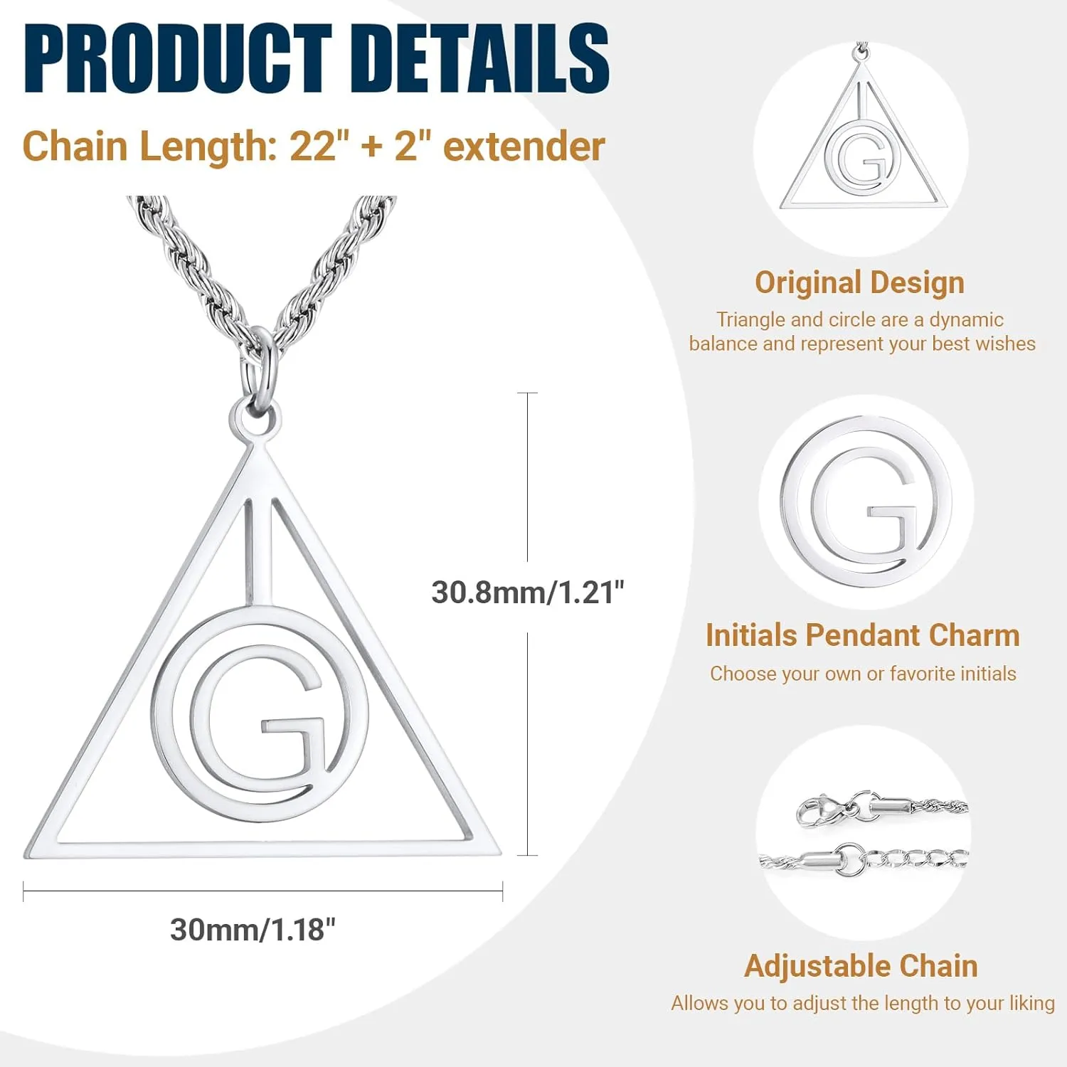 Triangle Initial Necklace for Men Women, Stainless Steel Triangle A-Z Letter Pendant Minimalist Silver Mens Geometric Twist Chain Jewelry Gifts for Him Boyfriend Husband, 22 2 IN