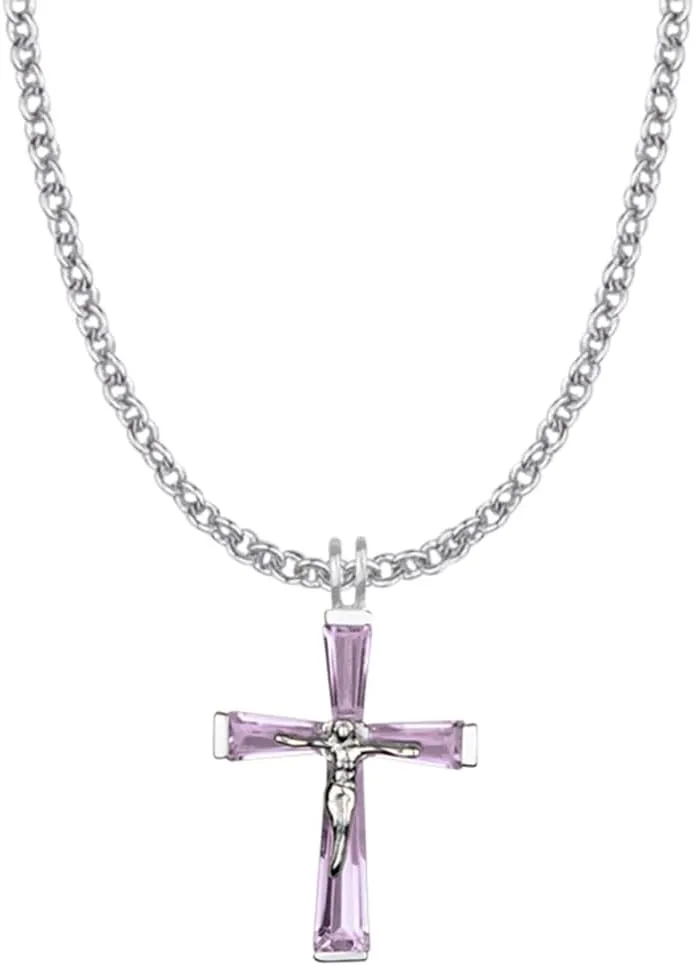 True Faith Jewelry Sterling Silver February Birthstone Crystal Crucifix Cross Pendant Necklace, 1 1/8 Inch