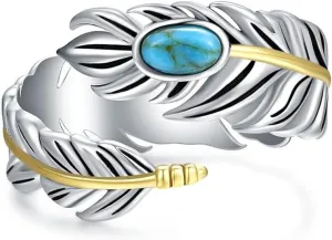 Turquoise Feather Rings for Women & Men,925 Sterling Silver Vintage Wide Feather Stacking Statement Ring Western Style Jewelry Gifts Wrap Thumb Ring Size 10#