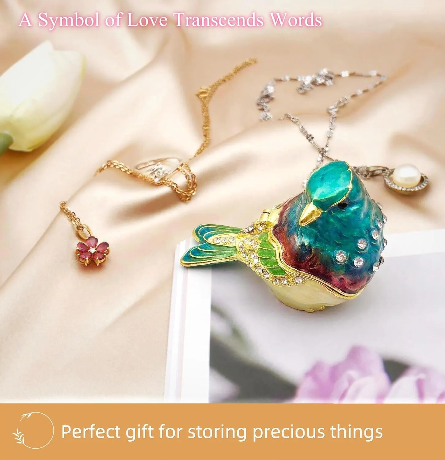 Turquoise Green Bird Trinket Boxes Hinged,Bird Decor with Crystals Enamel Jewelry Box.Necklace Ring Box Earrings Storage.Collectible Birds Lover Gifts Figurines Home Decor