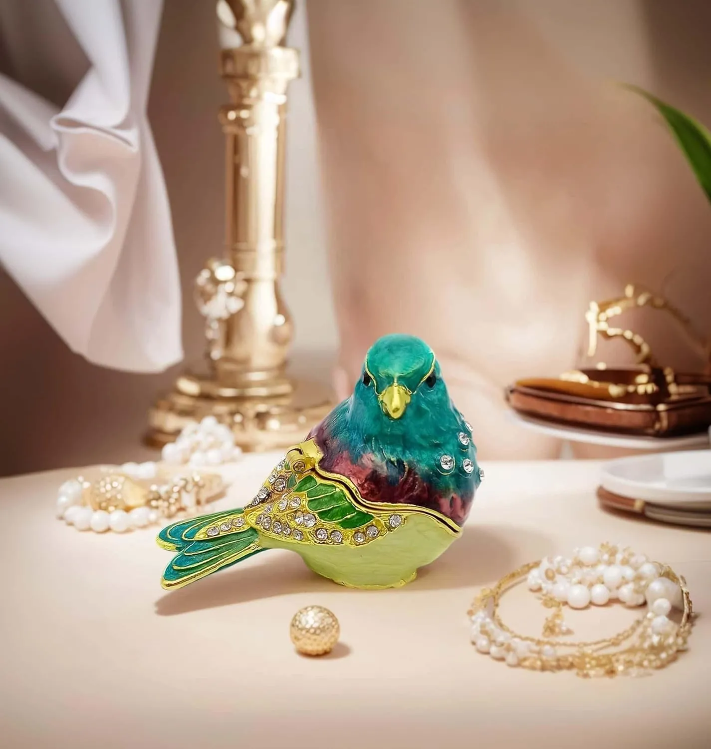 Turquoise Green Bird Trinket Boxes Hinged,Bird Decor with Crystals Enamel Jewelry Box.Necklace Ring Box Earrings Storage.Collectible Birds Lover Gifts Figurines Home Decor