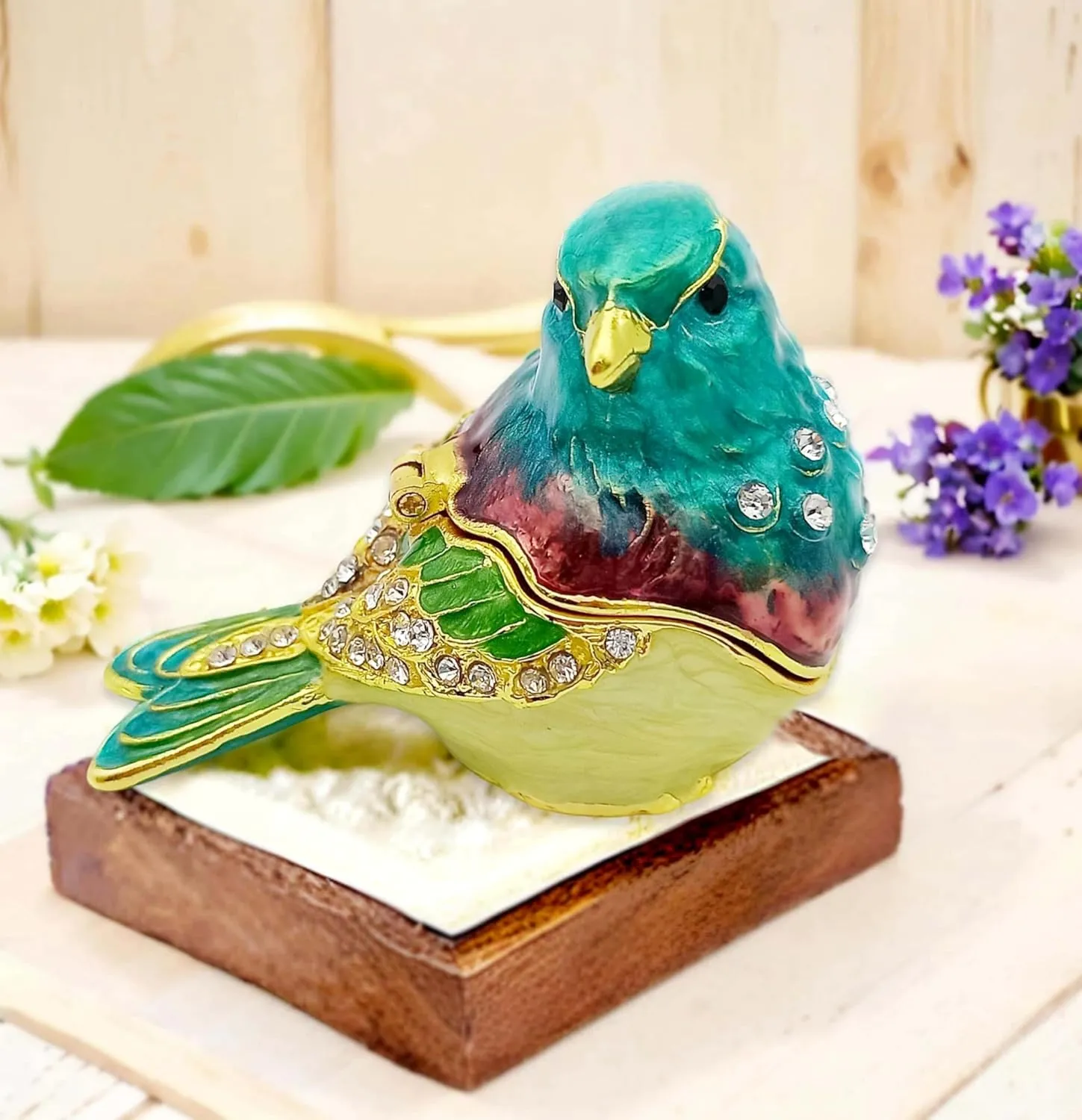 Turquoise Green Bird Trinket Boxes Hinged,Bird Decor with Crystals Enamel Jewelry Box.Necklace Ring Box Earrings Storage.Collectible Birds Lover Gifts Figurines Home Decor