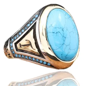 Turquoise Ring For Men, Personalized Men Ring With Stone, 925 Silver Ring For Men, Letter Ring, Handcrafted Customizable With Two Letters Can Be Written On The Sides Of The Ring