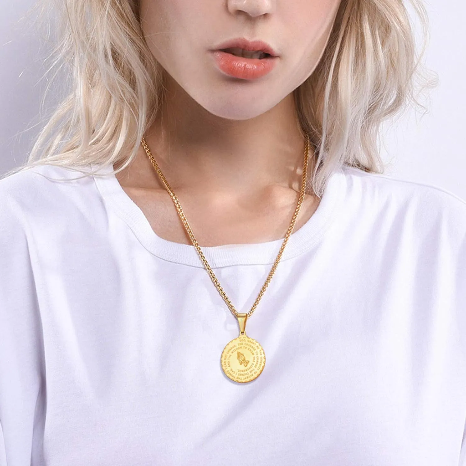 U7 Bible Verse Necklaces for Men Women Stainless Steel/18K Gold Plated Prayer Hands Coin Medal Pendant Necklace Christan Jewlery Gift (22-26Inch)