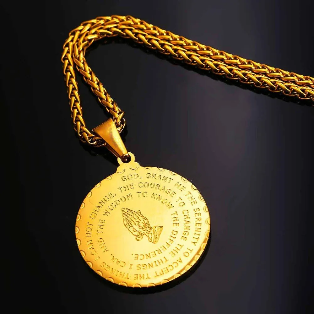 U7 Bible Verse Necklaces for Men Women Stainless Steel/18K Gold Plated Prayer Hands Coin Medal Pendant Necklace Christan Jewlery Gift (22-26Inch)