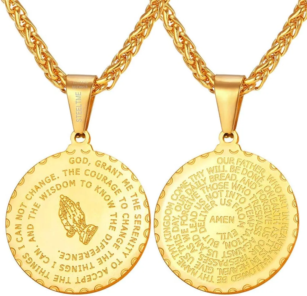 U7 Bible Verse Necklaces for Men Women Stainless Steel/18K Gold Plated Prayer Hands Coin Medal Pendant Necklace Christan Jewlery Gift (22-26Inch)