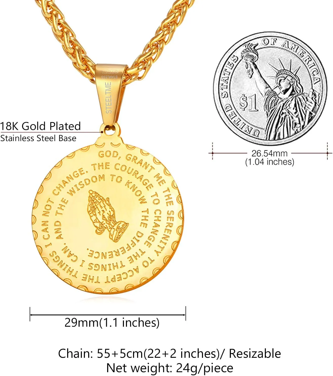 U7 Bible Verse Necklaces for Men Women Stainless Steel/18K Gold Plated Prayer Hands Coin Medal Pendant Necklace Christan Jewlery Gift (22-26Inch)