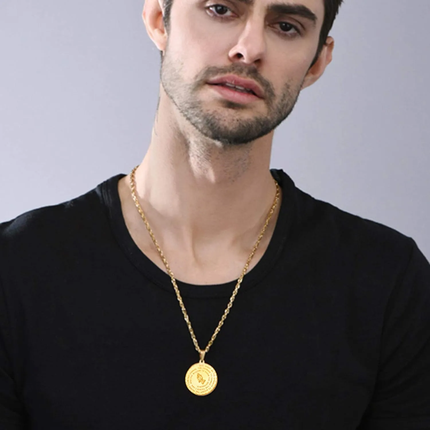 U7 Bible Verse Necklaces for Men Women Stainless Steel/18K Gold Plated Prayer Hands Coin Medal Pendant Necklace Christan Jewlery Gift (22-26Inch)
