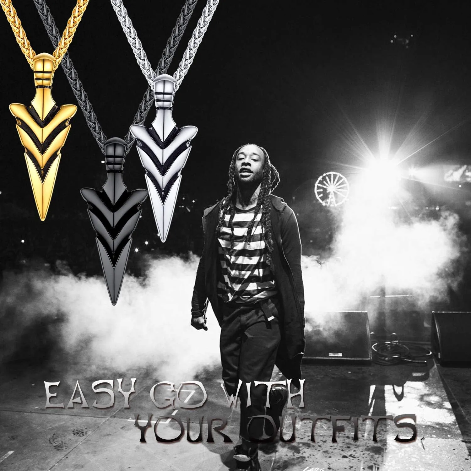 U7 Men Rock Hip Hop Jewelry Stainless Steel 18K Gold Plated Spear Point Arrowhead/Wolf Teeth Pendant Necklaces 22"