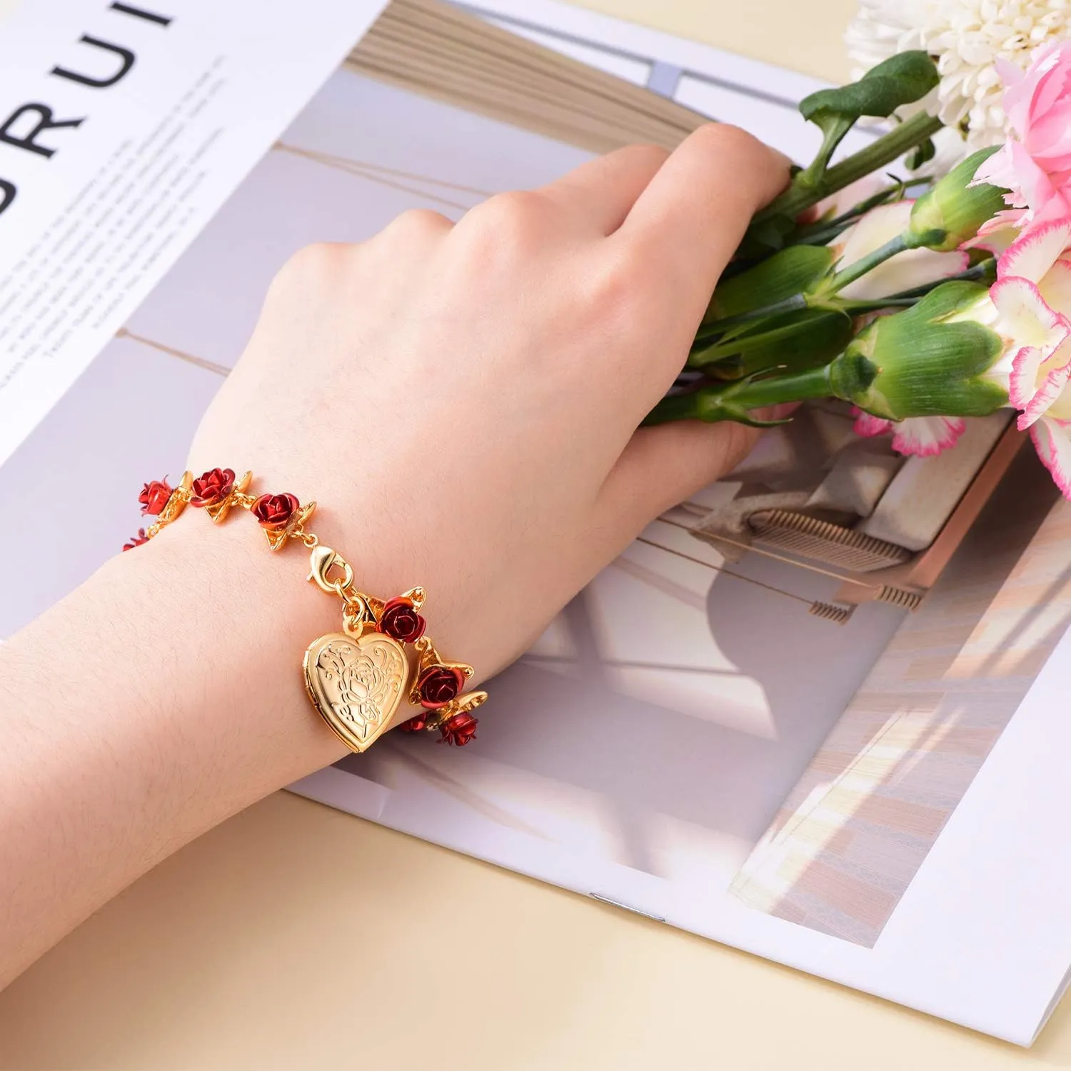 U7 Red Rose Link Bracelets for Women Girls 18K Gold Custom Text Photo Bracelet Romantic Rose Jewelry for Mom Wife