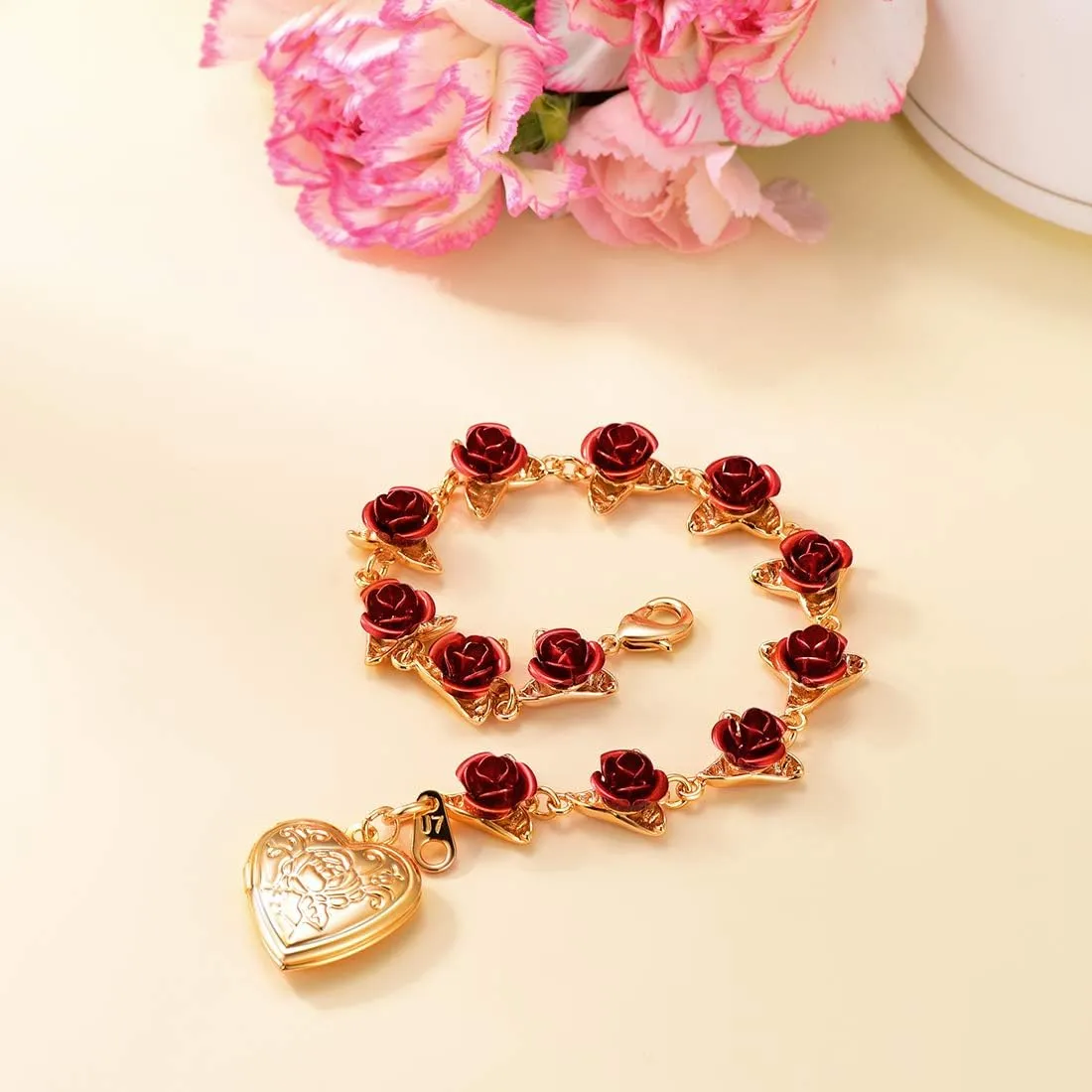 U7 Red Rose Link Bracelets for Women Girls 18K Gold Custom Text Photo Bracelet Romantic Rose Jewelry for Mom Wife