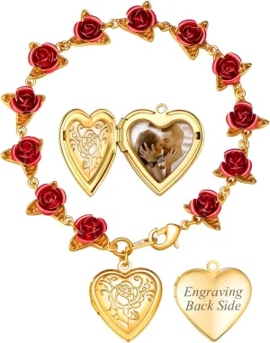 U7 Red Rose Link Bracelets for Women Girls 18K Gold Custom Text Photo Bracelet Romantic Rose Jewelry for Mom Wife
