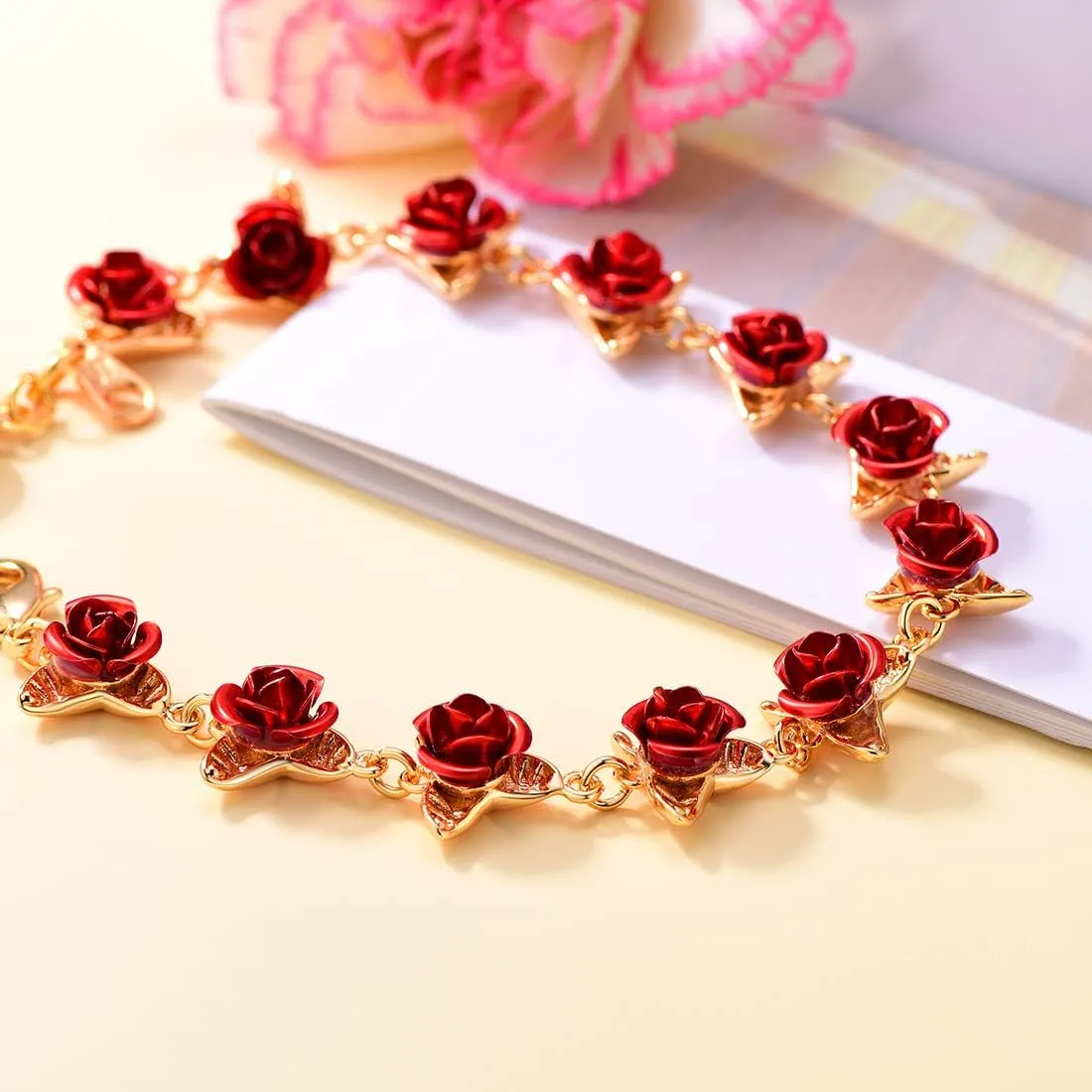 U7 Red Rose Link Bracelets for Women Girls 18K Gold Custom Text Photo Bracelet Romantic Rose Jewelry for Mom Wife