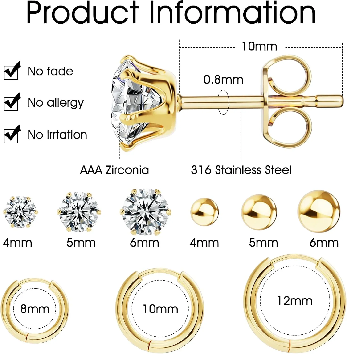 UHIBROS 6 Pairs Stainless Steel Stud Earrings Set Hypoallergenic Cubic Zirconia 14K White Gold 316L CZ Earrings