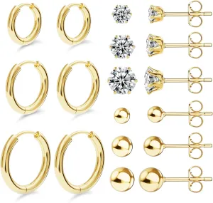 UHIBROS 6 Pairs Stainless Steel Stud Earrings Set Hypoallergenic Cubic Zirconia 14K White Gold 316L CZ Earrings