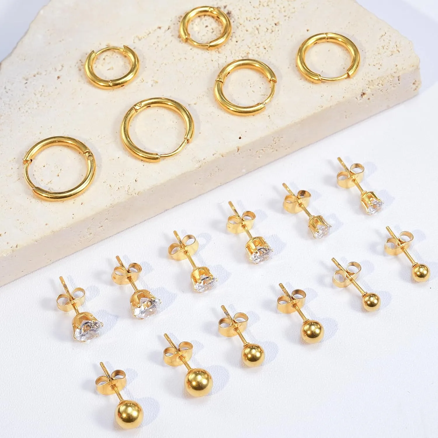 UHIBROS 6 Pairs Stainless Steel Stud Earrings Set Hypoallergenic Cubic Zirconia 14K White Gold 316L CZ Earrings