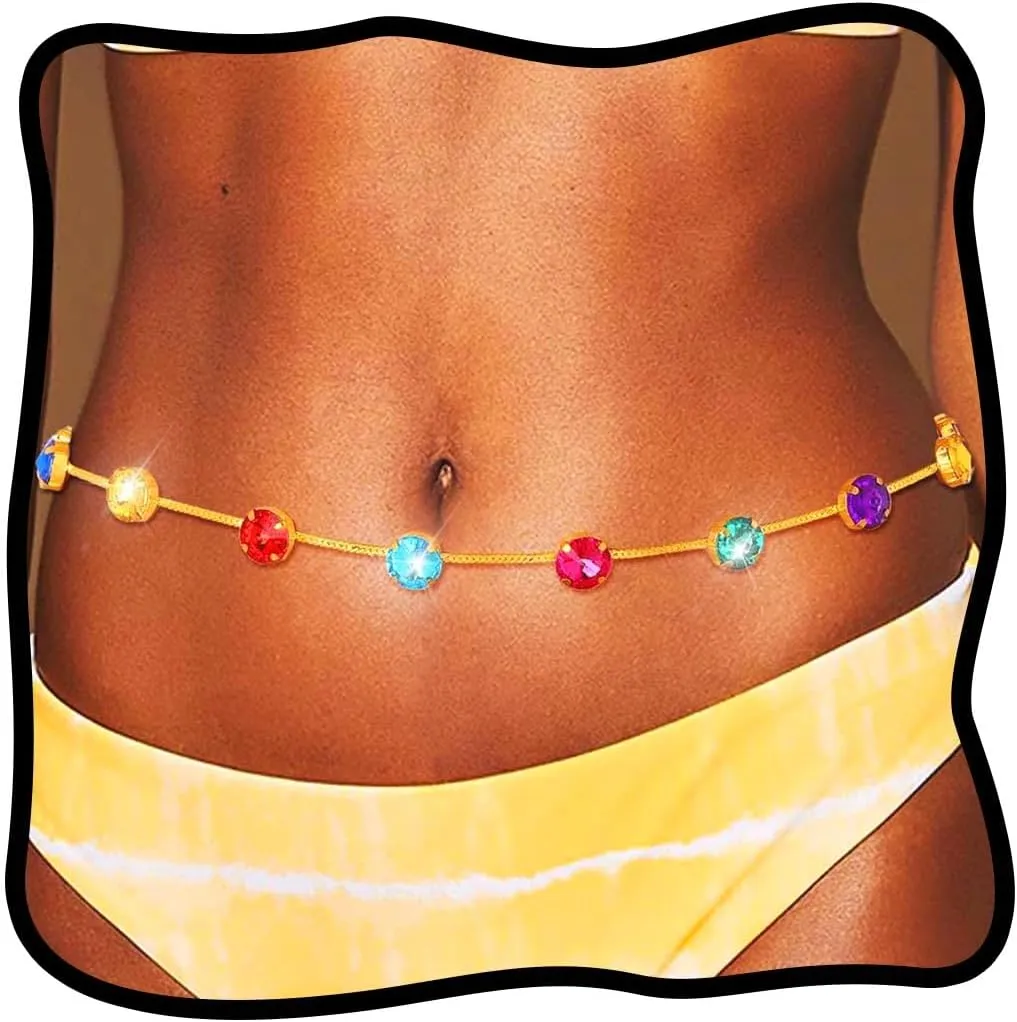 Urieo Boho Rhinestone Waist Chain Belt Diamond Colorful Body Jewelry Crystal Belly Chains for Women