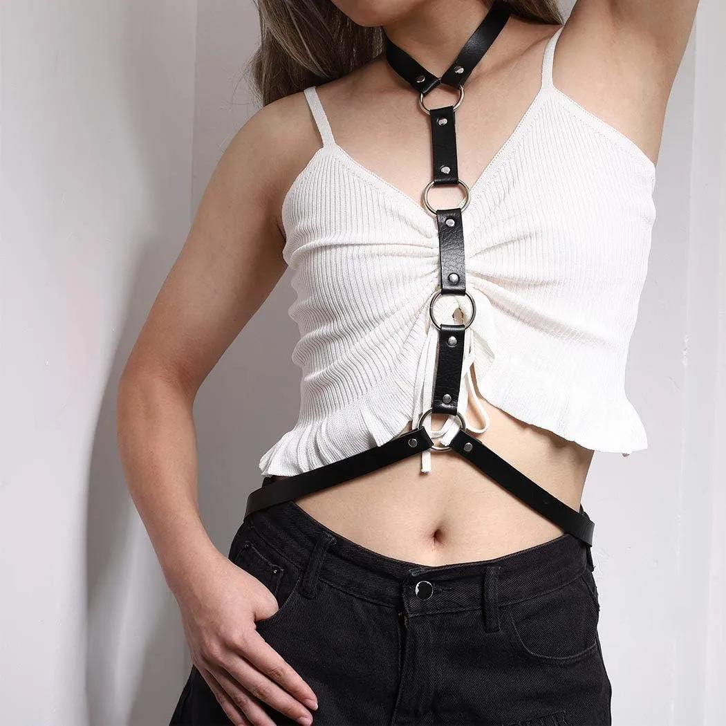 Urieo Punk Leather Harness Waist Chains Chest Chain Sexy Nightclub Body Chains Ring Belly Belts Body Accessories for Women (Black)