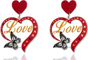 Valentine's Day Heart Earrings for Women Acrylic Hot Pink Red Heart Drop Dangle Earrings for Couples Lovers Girlfriend