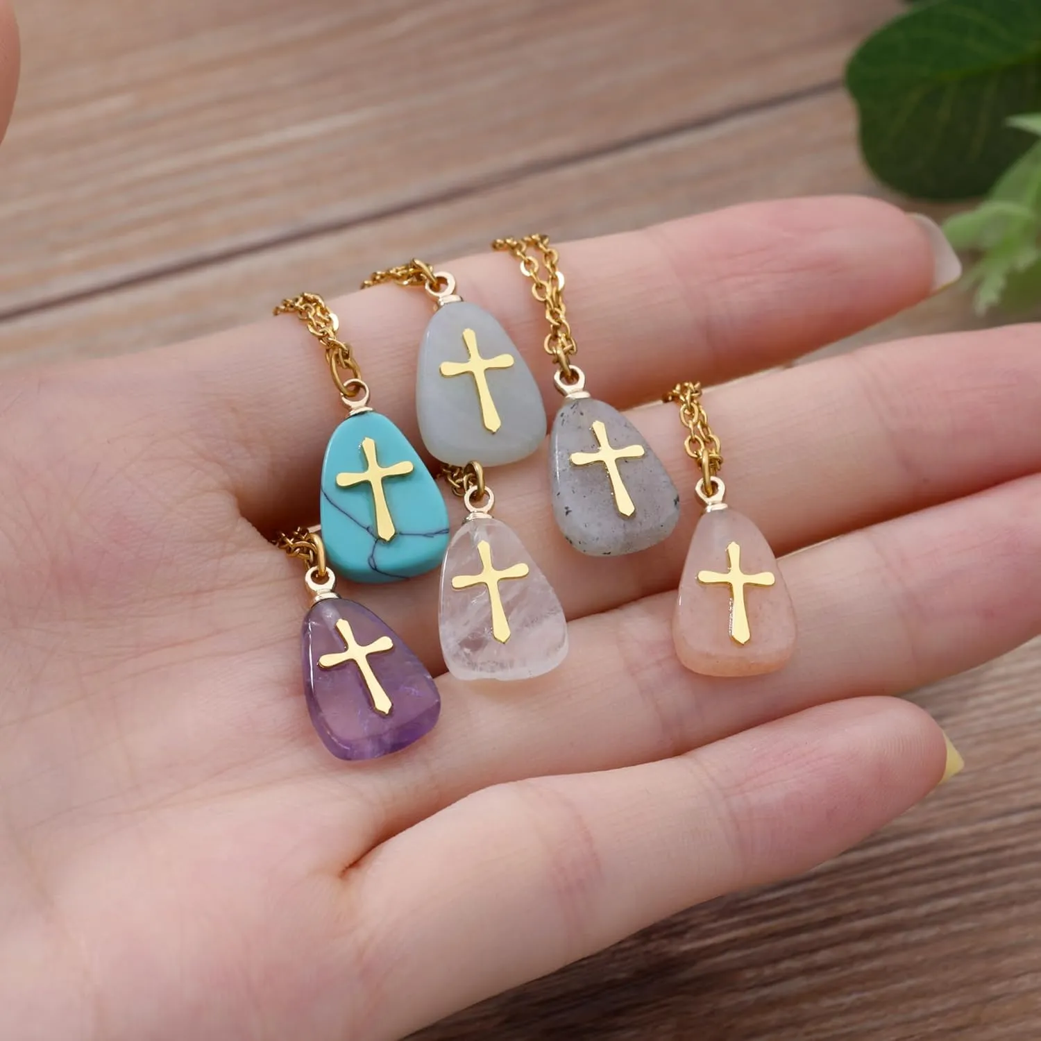 VAttract Stone Cross Necklace, Natural Stone Necklaces, Cross Pendant Necklace for Women, Gemstone Jewelry with Adjustable Chain Jewelry Gift for Girls