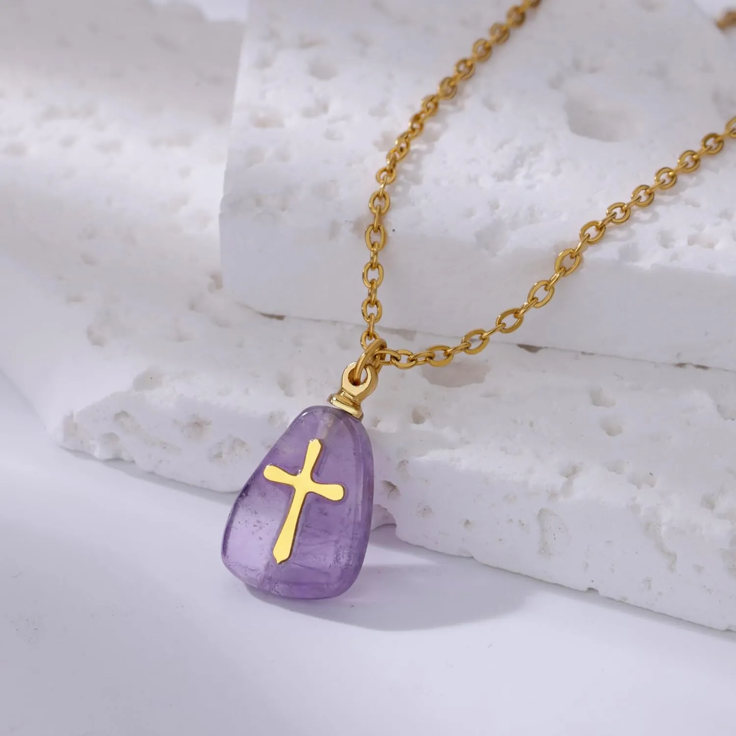 VAttract Stone Cross Necklace, Natural Stone Necklaces, Cross Pendant Necklace for Women, Gemstone Jewelry with Adjustable Chain Jewelry Gift for Girls