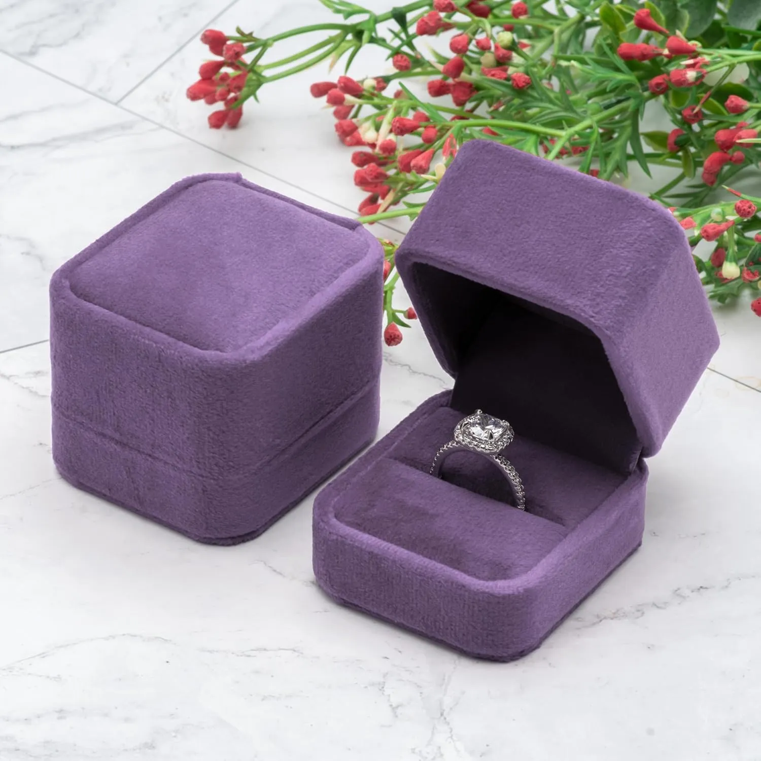 Velvet Single Ring Box Case Holder for Engagement Proposal Birthday Wedding,Jewelry Ring Gift Box Jewelry Packaging Box (Purple)