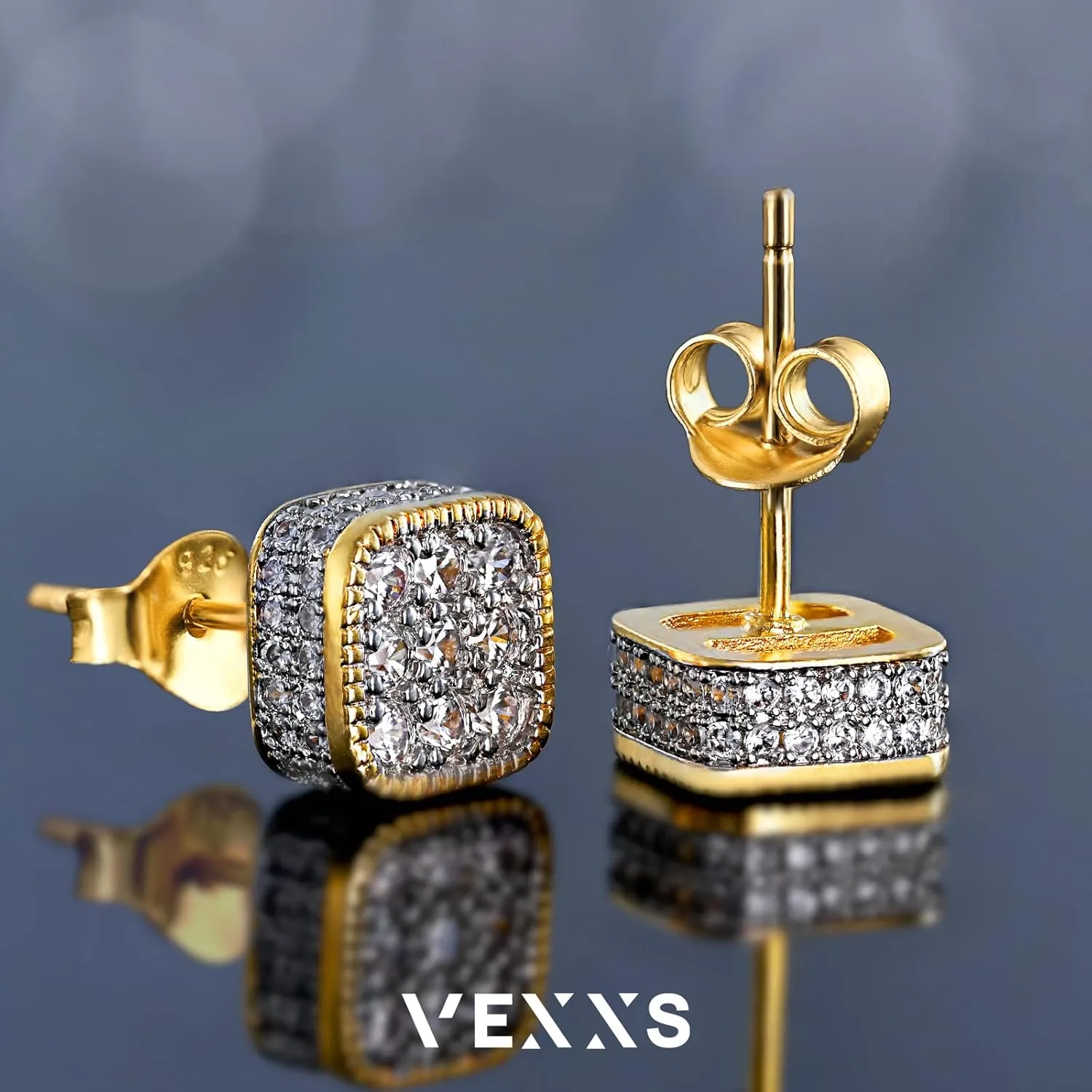 VEXXS S925 Diamond Stud Earrings for Men, 14K Real Gold Plated Iced Out Earrings Micro Pave 5A CZ Stones Mens Studs, Hypoallergenic 925 Sterling Silver Studs