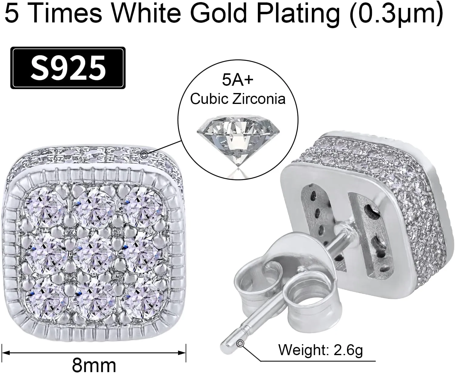 VEXXS S925 Diamond Stud Earrings for Men, 14K Real Gold Plated Iced Out Earrings Micro Pave 5A CZ Stones Mens Studs, Hypoallergenic 925 Sterling Silver Studs