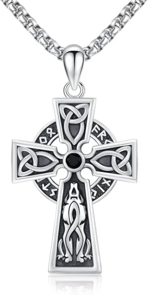 Viking Cross Necklaces Sterling Silver Viking Wolf Pendant Necklace Celtic Cross Necklace Irish Jewelry Birthday Christmas Gift for Women Man